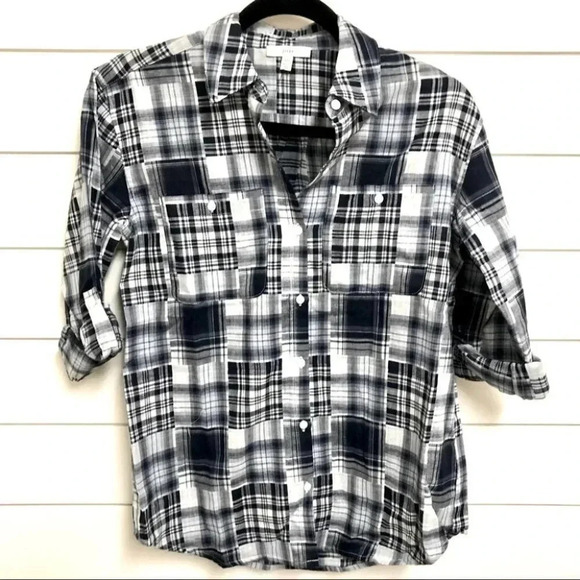 Joie Navy and White  Plaid Button Up Rolled Sleeve Top Size XXS NWOT - Picture 1 of 9